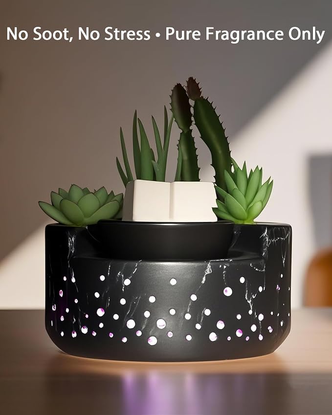 Ceramic Wax Melt Candle Warmer 4-in-1, Flameless PTC Heating with 7-Color LED Night Light, Electric Essential Oil Diffuser, Zen Design Marble Succulent Pot, for Yoga Room Home Office Decor