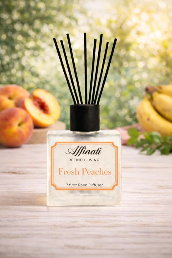 Affinati Fresh Peaches Reed Diffuser – 7.0 fl oz Home Fragrance Diffuser with 8 Reeds – Long Lasting Flame Free Room Fragrance for Bedroom, Bathroom, Office & Living Room