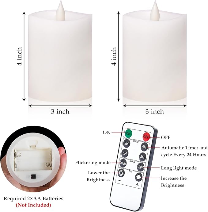 3"x4" Flickering Flameless Battery Candles with Timer, White Realistic LED Pillar Candles, Set of 2 Large Remote-Operated Candles for Home Indoor/Outdoor & Holiday Decor