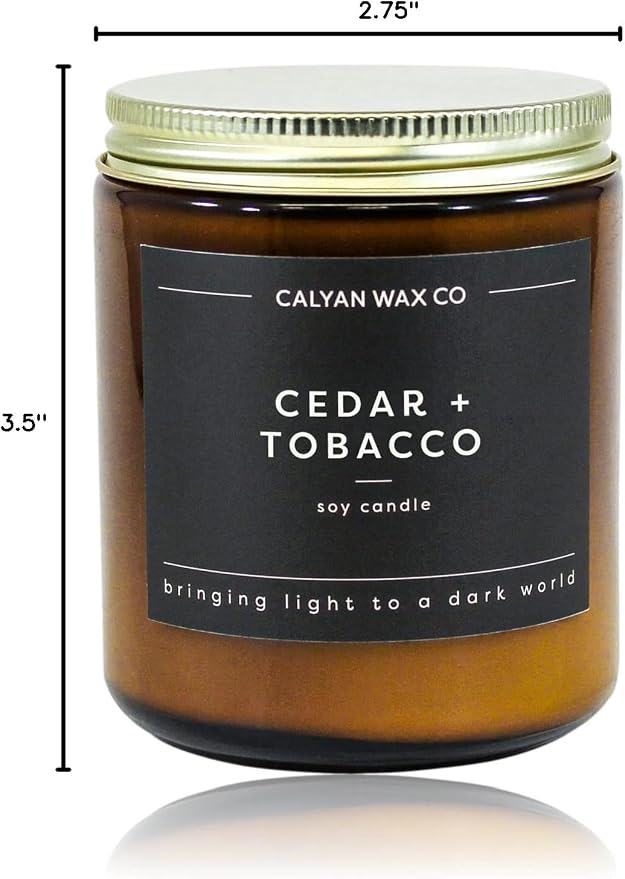 Calyan Wax Co. Cedar & Tobacco Scented Candle - 57 Hour Burn - Luxury Clean Soy Wax Candles - Long Lasting Amber Glass Jar Candle for Home - 7.2oz