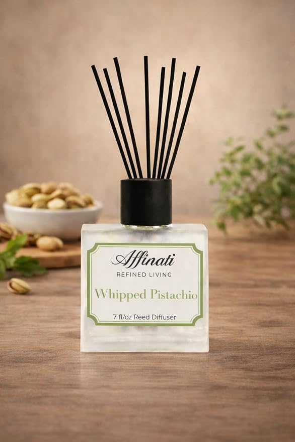 Affinati Whipped Pistachio Reed Diffuser – 7.0 fl oz Home Fragrance Diffuser with 8 Reeds – Long Lasting Flame Free Room Fragrance for Bedroom, Bathroom, Office & Living Room