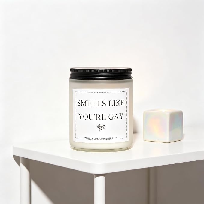 “Smells Like You’re Gay” Candle, Gay Gifts, Gay Pride Gifts for LGBTQ Boyfriend Men Friend Brother, Valentines Day Housewarming Anniversary Birthday Gift, Lavender & Eucalyptus, 100% Soy Wax, 7OZ