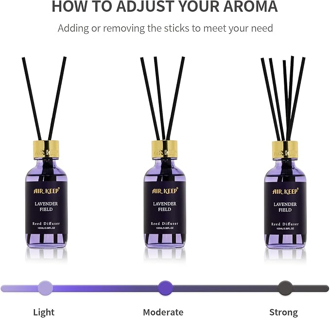 Airkeep Reed Diffuser Set, 3.38 fl oz (100 ml) - Lavender Field Oil Diffusers with 8 Reed Sticks, Home Fragrance Reed Diffuser for Bathroom Shelf Decor