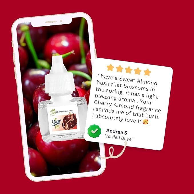 Scent Fill 100% Natural Cherry Almond Twist Plug in Air Freshener, Scented Oil Refills, 3 Refills