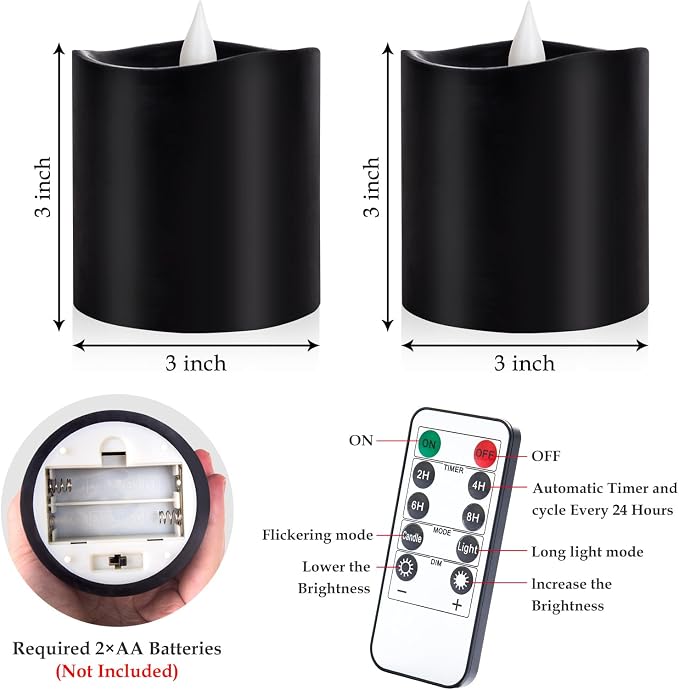 Black Flameless LED Candles, Black Battery Operated Candles with Remote Timer, 3"x3" Real Wax 2-Pack, 3D Flickering Flame Last 600+ Hours, Ideal for Halloween Christmas Gothic Home Decor