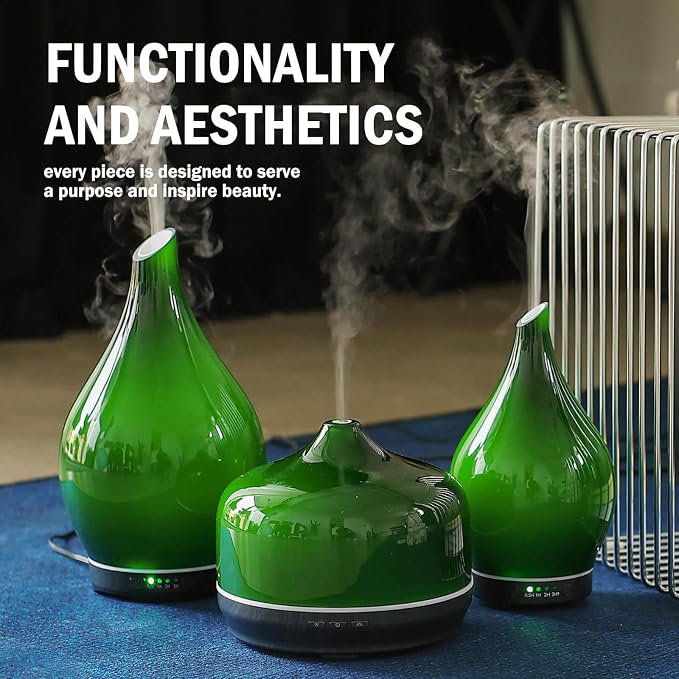 Porseme 500ml Glass Essential Oil Diffuser Aromatherapy Ultrasonic Cool Mist Humidifier 15-21 Running Hours Waterless Auto-Off Air Diffusers for Sleeping Yoga Working Spa(Hulk Green)