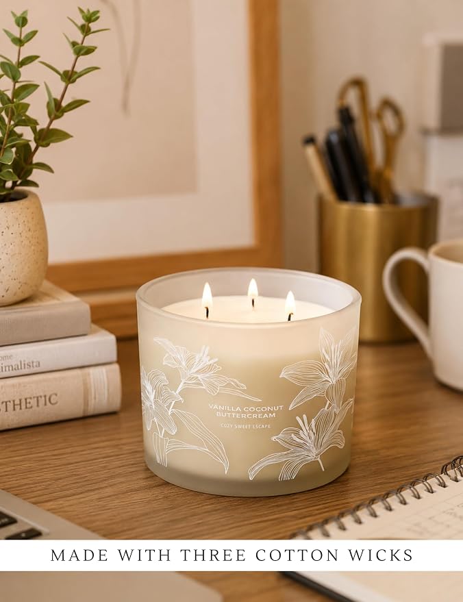 Vanilla Coconut Buttercream Candle | Large 3 Wick Scented Soy Candle for Home | 14.5oz Vanilla Coconut Aromatherapy Candle | Vanilla Cupcake Candle | Long Lasting Clean Burn | Gift for Women & Men