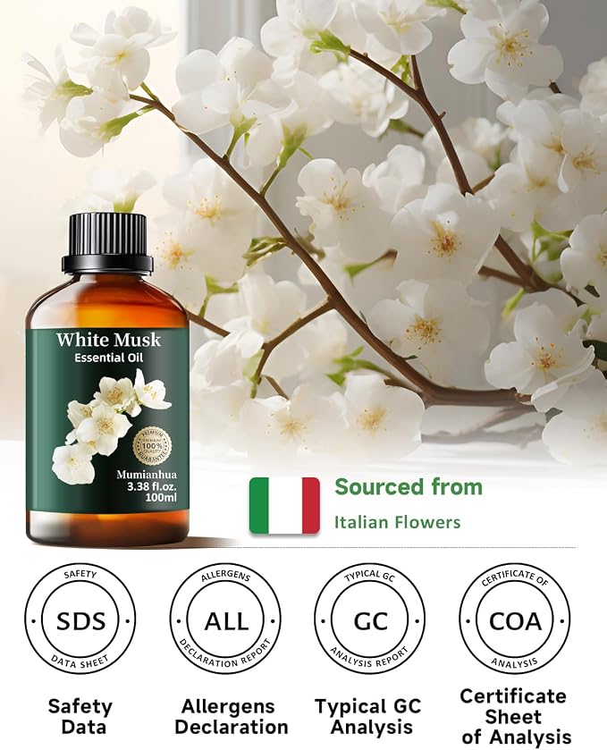 White Musk Essential Oil, Pure White Musk Oil Mumianhua Aromatherapy White Musk Fragrance Oil for Diffuser, Skin & Body Care, Women & Men, Natural Perfume & Candle Making 3.38 Fl Oz