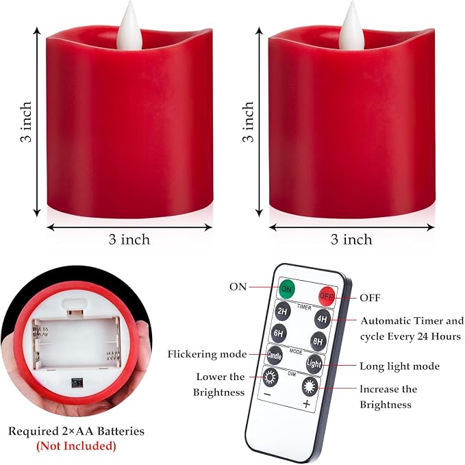 Red LED Pillar Candles, 3inch - Battery Operated with Remote Timer, Flickering Flame, Lasts Over 600 Hours, Perfect for Christmas and Halloween Deco (Red, 3"*3"-2pcs)