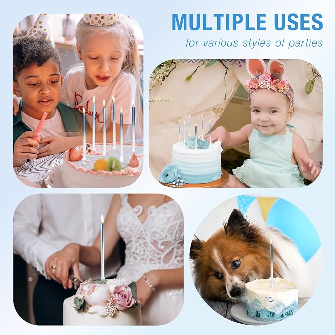 24-Count Gradient Blue Birthday Candles, Long Thin Cake Candles for Wedding, Celebration, Birthday Party Cake Cupcake Decorations
