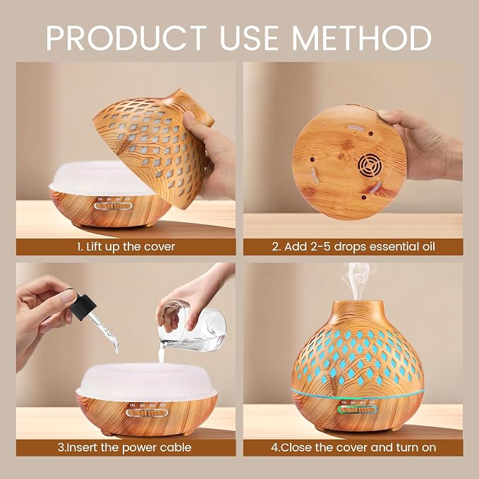 Aeshory Aromatherapy Diffuser & 12 Essential Oils Set, 550ML Aromatherapy Diffuser for Home, Ultrasonic Cool Mist Humidifier with Remote Control 4 Timer 7 Color LED Light, Waterless Auto Off, Light