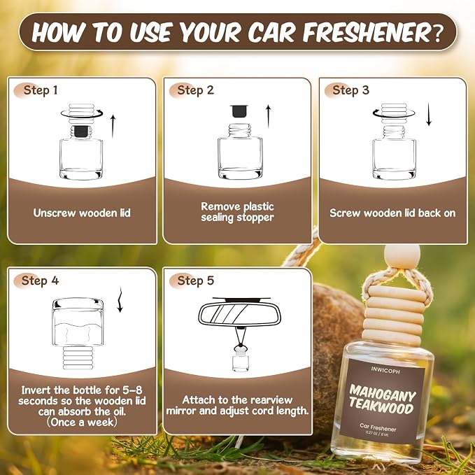 Premium Car Air Freshener Diffuser Set (2 Pack) - Mahogany Teakwood Fragrance Oil, 45+ Day Long-Lasting Hanging Auto Freshener