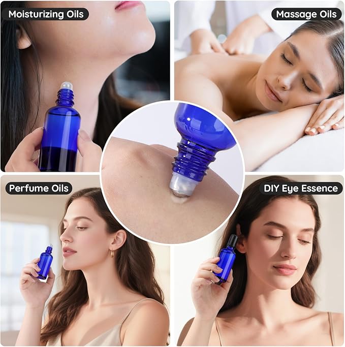 Segbeauty 1.69oz Glass Essential Oil Roller Bottles Refillable, 5Pack of Empty Rollerball Bottles for Oil, 50ml Blue Leakproof Perfume Oils Bottle with Dispensing Tools, Anointing Oils Bottle