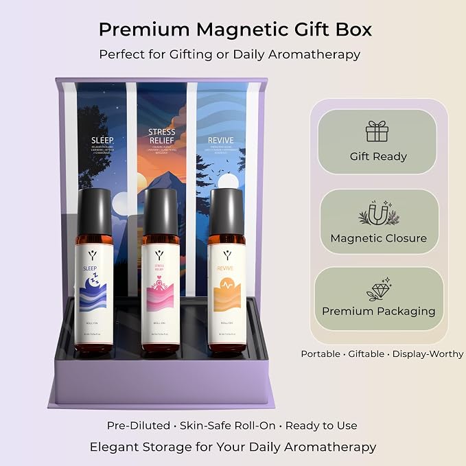 Essential Oil Roll On Set (3 Pack) – Sleep, Stress Relief & Revive Aromatherapy Rollers – Pre-Diluted Travel Size Blends for Relaxation & Bedtime – Wellness Gift for Women