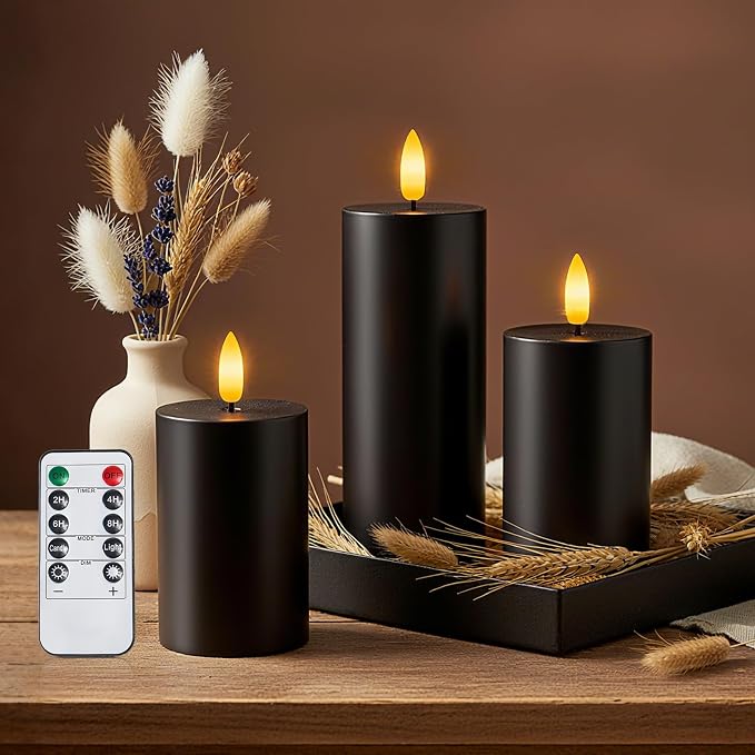 Homemory Halloween Black Flameless Candles Battery Operated with Remote Timer, Real Wax LED Pillar Candle for Halloween Decoration Indoor and Home Decor Gifts, H456, Set of 3