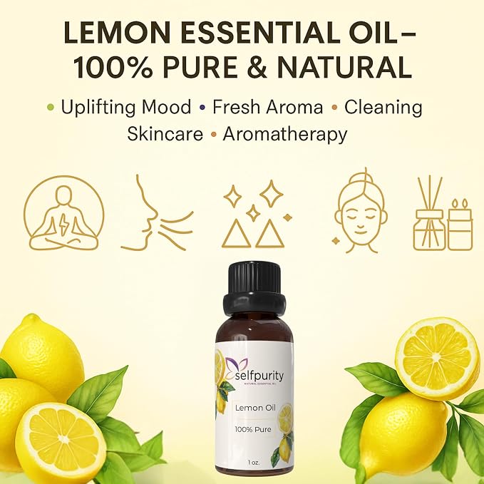 Lemon Essential Oil, 100% Pure & Natural Lemon Oil, Premium Grade Essential Oils for Diffusers, Skin, Aromatherapy & Massage – 1 Oz (Pack of 6)