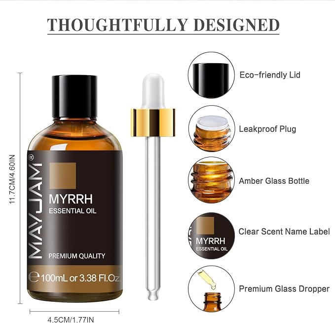 Myrrh Essential Oil 100ML/3.38FL.OZ, MAYJAM Premium Myrrh Oil Essential Oils with Glass Dropper, Great for Diffuser and Candle Making
