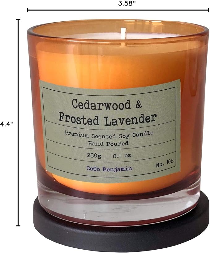 100% Natural Soy Wax Candle by CoCo Benjamin - Highly Scented & Hand-Poured Luxury Candle (Cedarwood & Frosted Lavender) - Clean Burning Cotton Wick