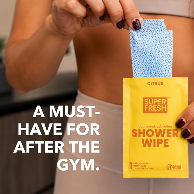 Super Fresh Shower Body Wipes, Travel Essentials for Camping, Large Citrus Wipes for Adults, Women, Men, Kids Personal Hygiene Cloth Enriched with Aloe and Vitamin E, Individually Wrapped 20 Pack