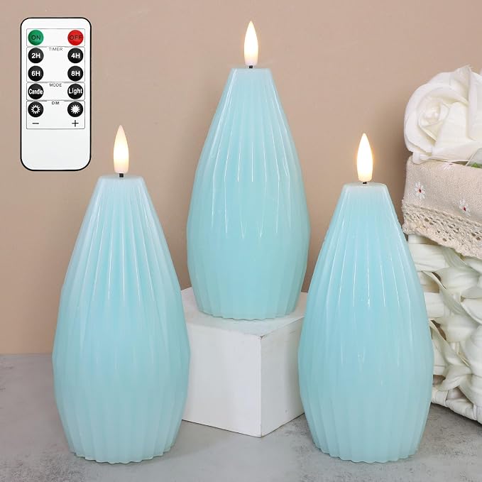 Blue Ribbed Flameless Candles with Remote Flickering Realistic Battery Powered LED Real Wax Decorative Candle Geometric Aesthetic Modern Ocean Decor for Home Table Fireplace, 3 Pack