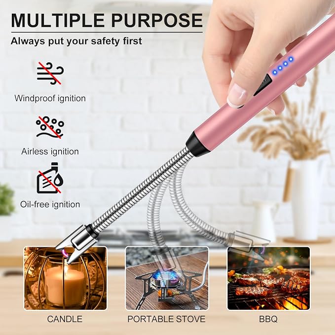 LcFun Candle Lighter with 360° Flexible Neck & Safety Lock, Windproof USB Rechargeable Electric Lighter Gift Sets, Flameless Arc Long Lighters Matches for Grill, BBQ, Camping, Fireplace, Stove