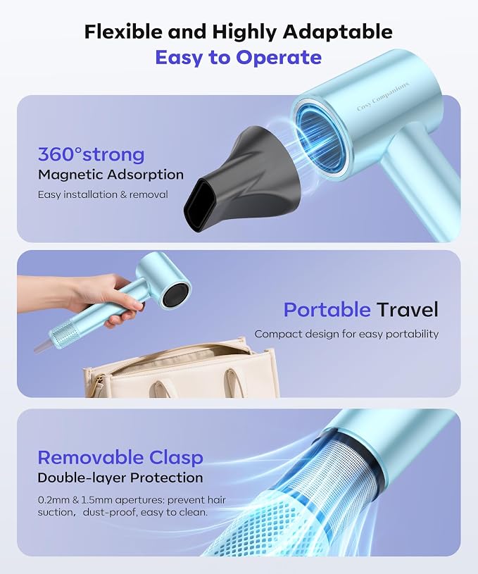 Cosy Companions High Speed Ionic Hair Dryer, 150000 RPM Fast Drying Blow Dryer with 500 Million Negative Ions, Lightweight with Heat Protection for Women & Men, Professional Salon Dryer, Blue