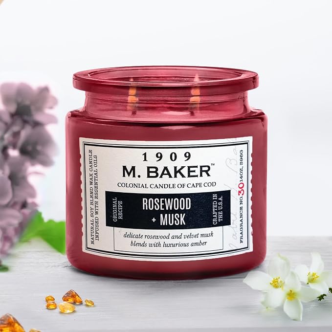 Colonial Candle Rosewood & Musk Scented Candle, 2-Wick Natural Soy Blend Wax Candle Infused with Essential Oils, 14 oz Apothecary Glass Jar Candle - Made in The USA