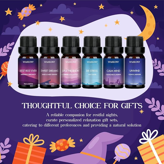 WUSEONY Sleep Essential Oils Set for Diffusers for Home, Set of 6 Essential Oil Blend Aromatherapy - Eucalyptus, Jasmine, Orange, Lavender, Cedar, Mint