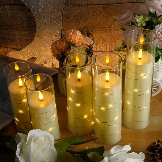 kakoya Flameless LED Candles with Timer 5 Pc Flickering Flameless Candles for Romantic Ambiance and Home Decoration Stable Acrylic Shell,with Embedded Star String,Battery Operated Candles(Ivory)