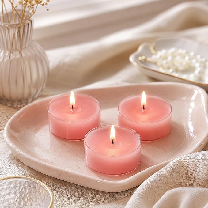 Rose Scented Tealight Candles, 24 Pack Pink Tea Lights, 6 Hour Burn Time, Modern Floral Theme, Dripless & Smokeless