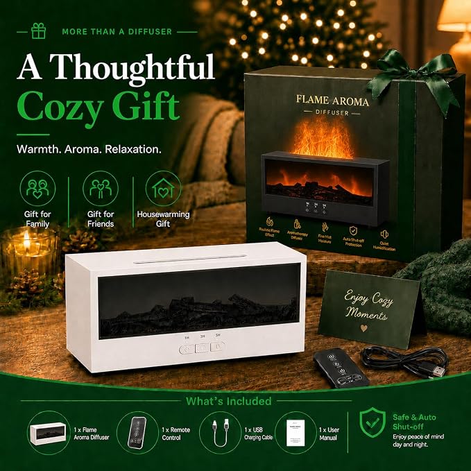 Fireplace Air Diffuser, Essential Oil Diffuser with 7-Color Flame Light, Ultrasonic Aroma Diffuser & Air Humidifier for Bedroom, Flame Diffuser with Remote Control Timer for Home Office Yoga(Black)