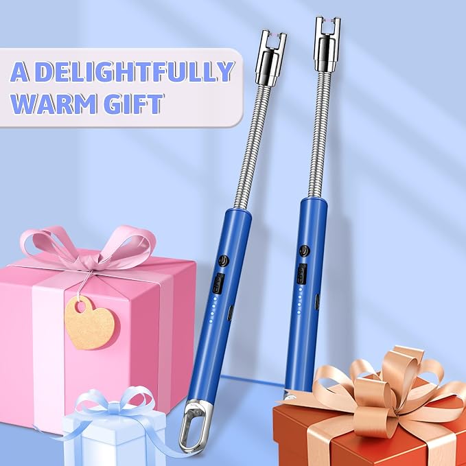 2 Pack Electric Candle Lighters, USB Rechargeable Lighter with Windproof Flameless & Extended Handle, Suitable for Candles, BBQ, Camping, Gas Stove, Festivals Gift (Blue, 2 Packs-A)