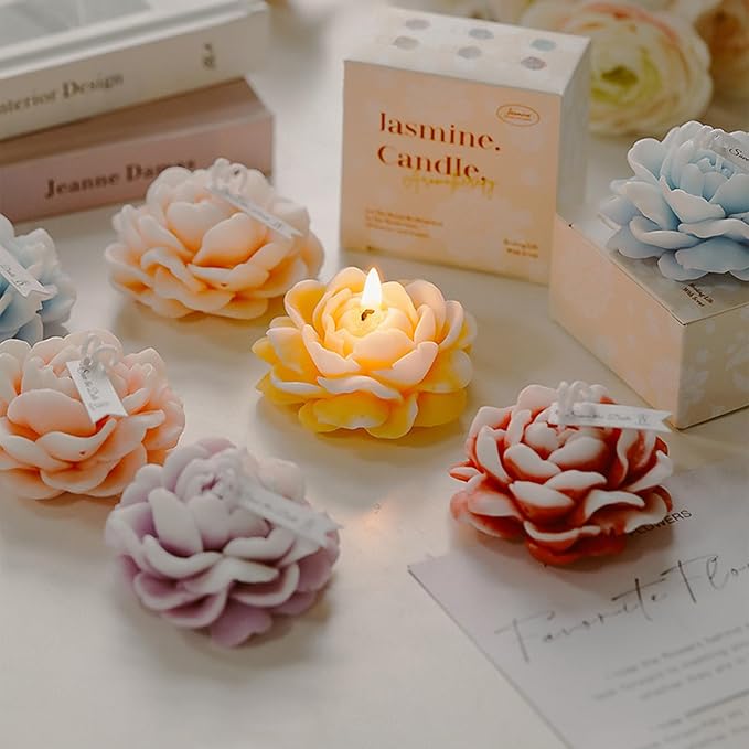 Jasmine Flower Shape Scented Candle,50G Multicolour Romantic Soy Wax Aesthetic Decorative Healing Candle for Valentine's Day Wedding Birthday,Prefect Gift for Meditation Stress Relief Mood (Red)