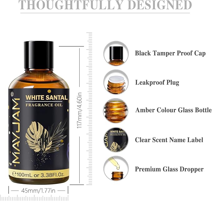 White Santal Fragrance Oil Essential Oil, MAYJAM 3.38FL.OZ White Santal Oil for Diffusers for Home, Long Lasting Scented Oils for Soap Candle Making - 100ML