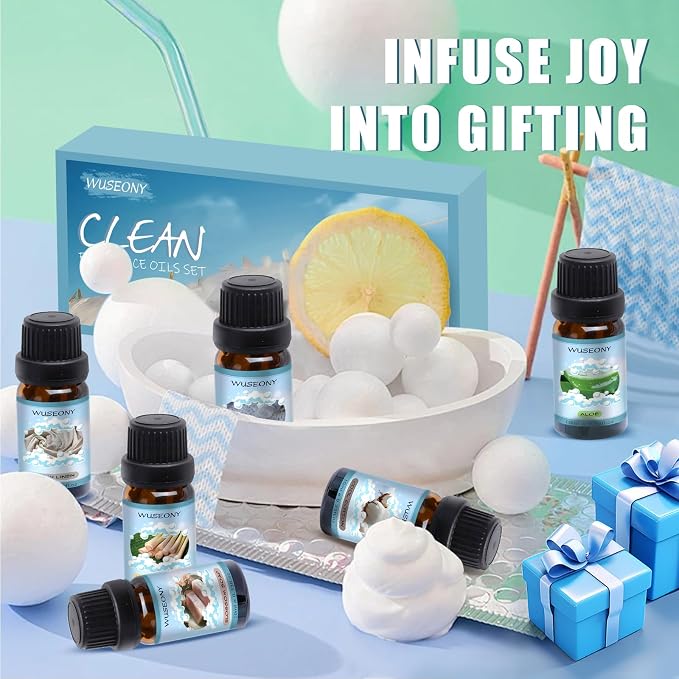 WUSEONY Clean Fragrance Oils Set, Premium Essential Oils for Diffuser for Home, Scented Oil for Soap & Candle Making Scents - Lemongrass, Aloe, Blossom Soap, Fresh Linen, Soft Powder, Cool Cotton