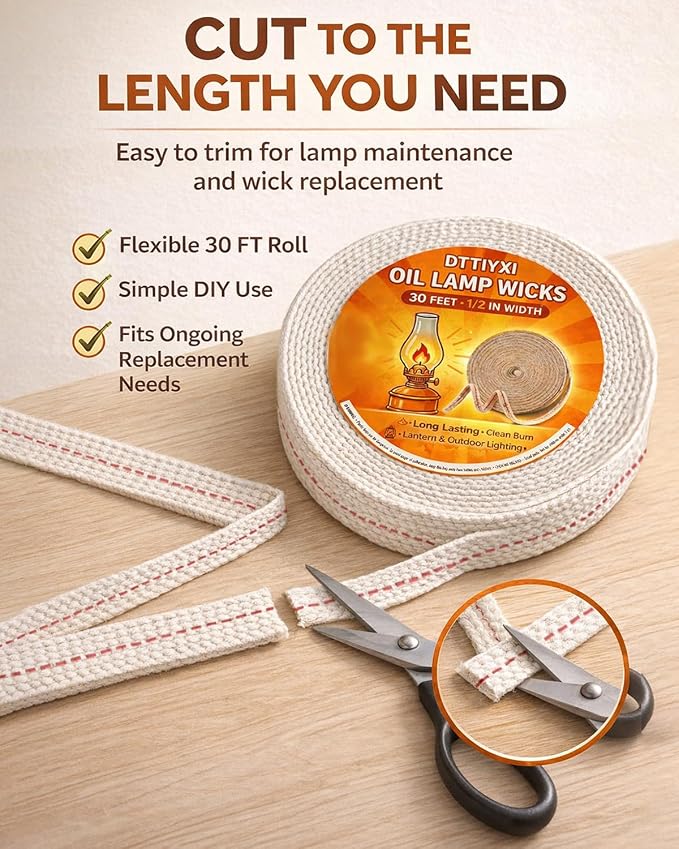 Oil Lamp Wicks, 1/2 Inch x 30 Ft, Flat Cotton Lantern Wick for Oil Lamps
