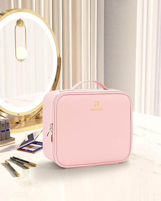 Relavel Travel Makeup Train Case Cosmetic Case Organizer Portable Artist Storage Bag with Adjustable Dividers for Cosmetics Makeup Brushes Toiletry Jewelry Digital Accessories (Pink)