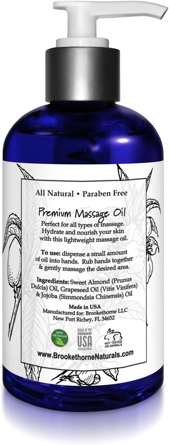 Unscented Massage Oil for Massage Therapy – 100% Natural Body Oil with Sweet Almond, Grapeseed & Jojoba for Premium Glide – Pure Carrier Blend for Aromatherapy – Brookethorne Naturals (Pack of 2)