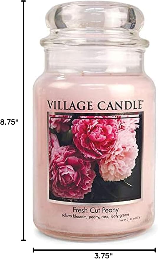 Village Candle Fresh Cut Peony Large Glass Apothecary Jar, Scented Candle, 21.25 oz.
