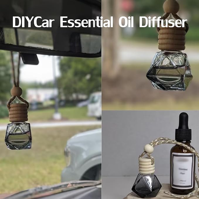 7 Pcs 8ml Hanging Car Air Freshener Diffuser,Empty Black Gradient Glass Essential Diffuser Oil Aromatherapy Fragrance Perfume Pendant Glass Vials with Wooden Caps (Diamond, 8ml)