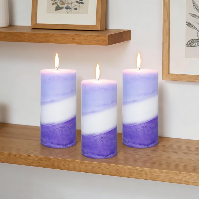 Crystal Club Lavender Scented Pillar Candles, Set of 3 3x6 Inch Purple Pillar Candles, 70+ Hours Long Burning Time, 100% Cotton Wick, Smokeless & Dripless for Home Decor, Relaxation, and Aromatherapy