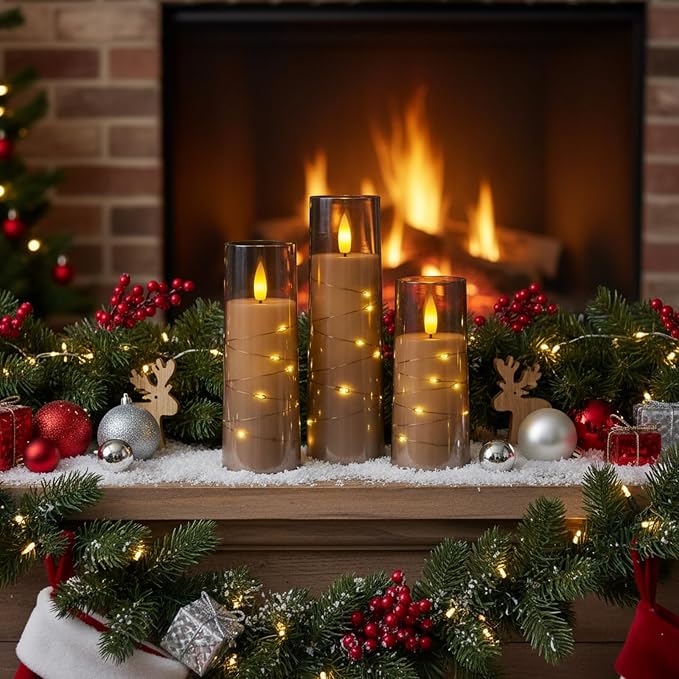 Raycare Flameless Candle with Remote Timer – 5 Flickering Acrylic Battery Operated LED Pillar Candles with Embedded Star String for Christmas, Home Decor, and as a Gift(Grey)