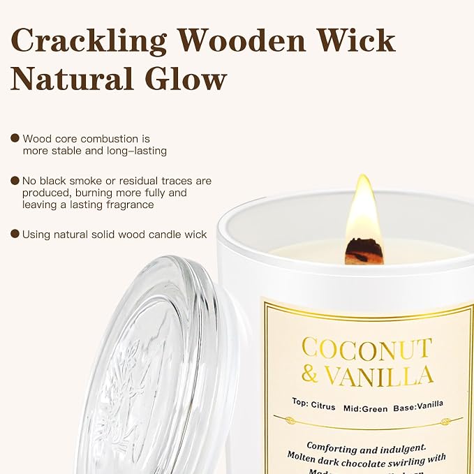 2 Pack Wood Wick Coconut & Vanilla Candle Gift Set – Long Lasting Soy Wax Candles with Gift Boxes, Holiday Aromatherapy Candles for Home Decor & Holiday Gifts