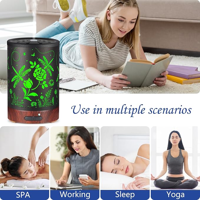 Essential Oil Diffuser- Aromatherapy Diffuser with7 Colors Light and Auto-Off for Women Metal Cool Mist Humidifier for Home and Office for Mom Women(Roses + Dragonflies)