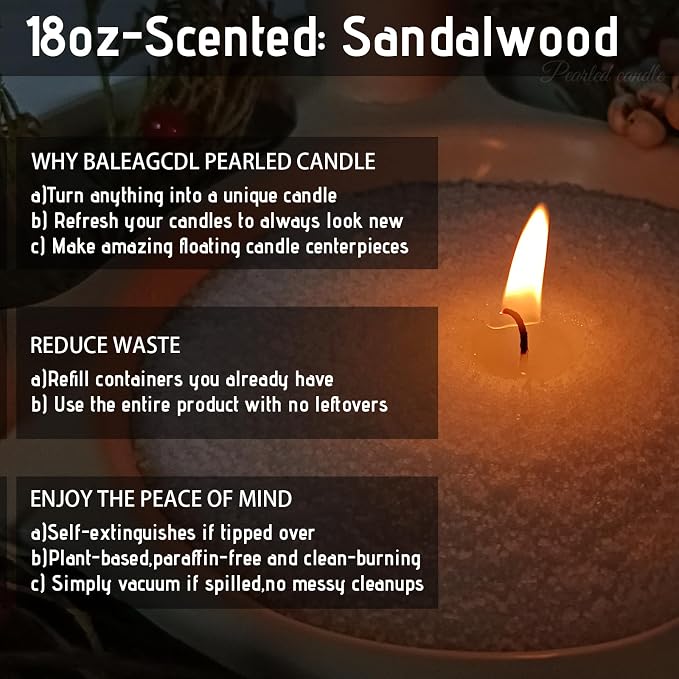 Zen Timber Pearled Candle 18 Oz with 30 Wicks - Sandalwood Scented Sand Candles White Refillable Wax Lasts Up to 120 Hours Smooth and Clean Burning for Candle Making DIY