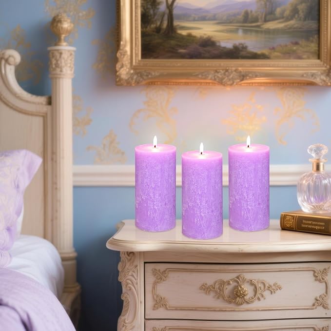 Lavender Scented Pillar Candles, Purple Burning Candle Set of 3, Dripless, Smokeless and Large Wax Candle for Wedding, Home Decoration, Parties, Spas, Dinner