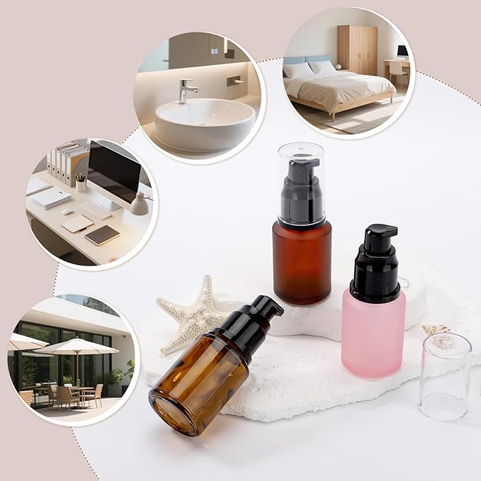 Segbeauty 1oz Frosted Glass Travel Lotion Bottles for Toiletries, 3 Pack Empty Travel Size Pump Bottle Cream Container, 30ml Small Refillable Makeup Pump Dispenser Cosmetic Containers, Mixed Color
