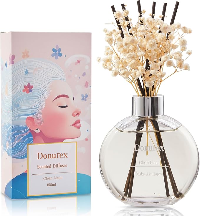 Flower Reed Diffuser Set 5.07oz Clean Linen Scent Diffuser with Sticks Home Fragrance Reed Diffuser for Bathroom Shelf Decor