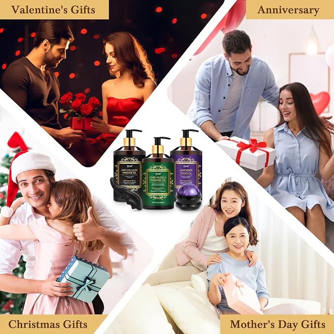 Pjordo 3 Pack Massage Oil for Massage Therapy, Lavender Oil for Relaxation, Sore Muscle Arnica Oil & Cellulite Massage Oil, with Massage Roller Ball & Thumb Saver Tool, Massage Kit for Him Her