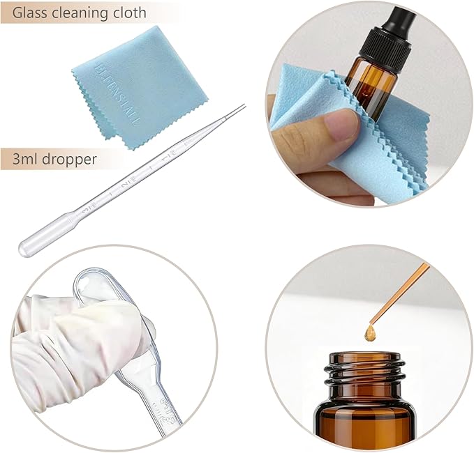Elfenstall- 10pcs 10ml 1/3oz Amber Mini Glass Bottle Amber Sample Vial Small Essential Oil Bottle with Glass Eye Dropper Refillable Containers + 1pc Clean Cloth + 1pc 3ml Dropper